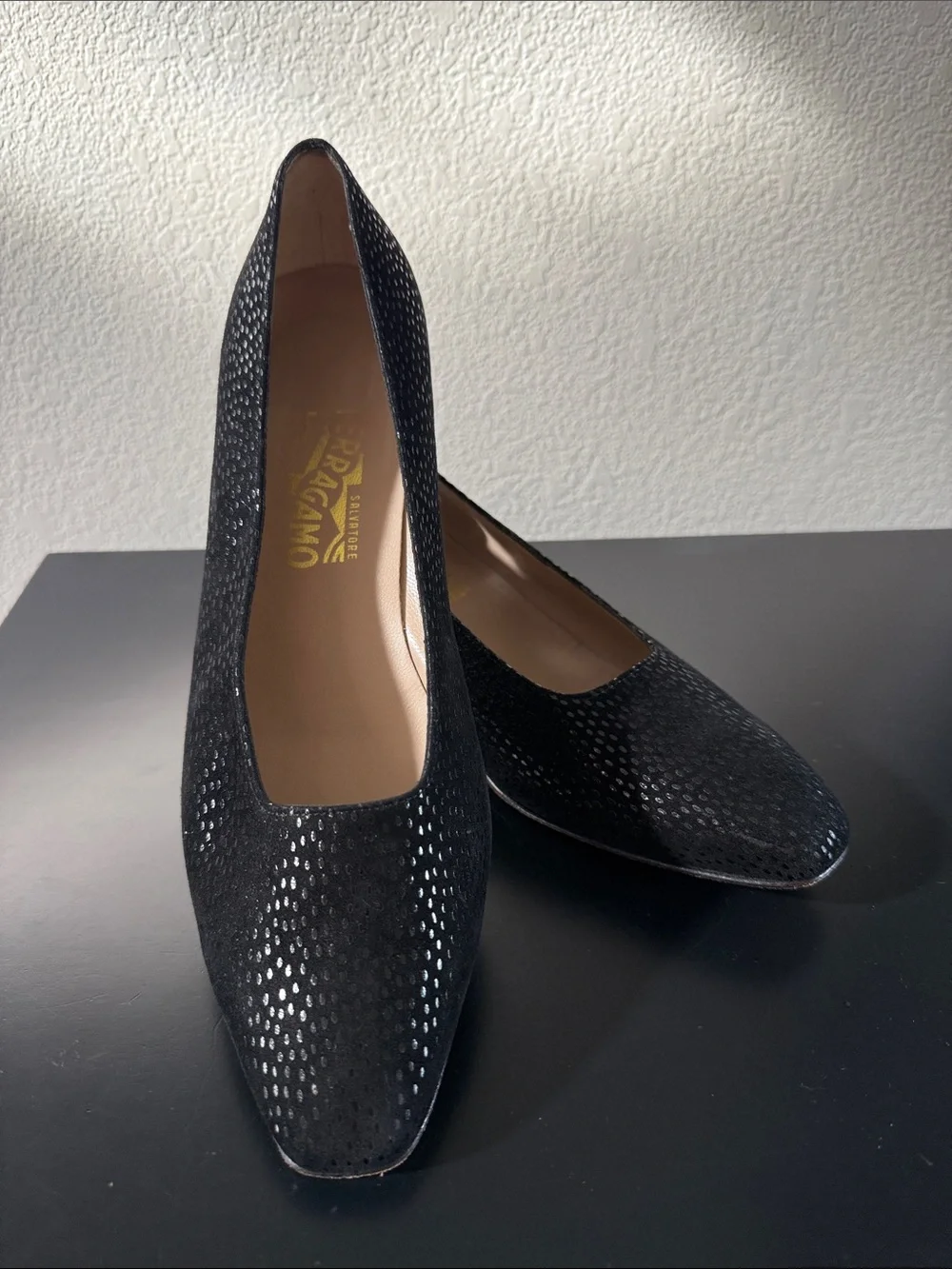 Salvatore Ferragamo Black Suede Pumps with Silver Dot Accents